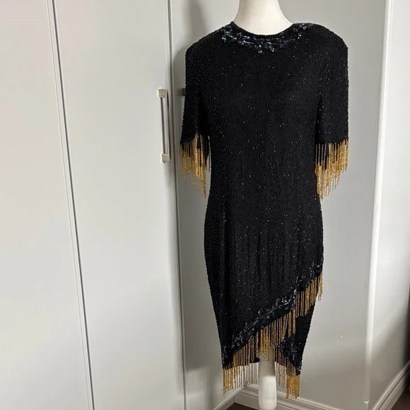 Vintage Silk Lori Ann Elegant Black and Gold Sequin Fringe Dress - Picture 1 of 14